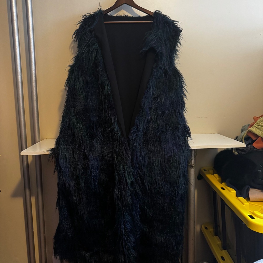 Women's Shaggy Faux Fur Long Vest Penny Lane Blue Green Whimsigoth Grunge Fall